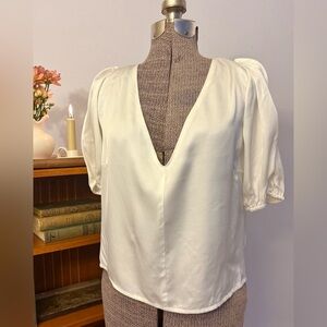 NEW Emerson Fry 100% Silk Top Ivory V Tie Top Blouse Puff Shoulder Party Small